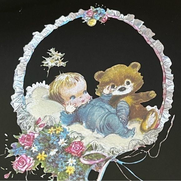 Retro Foil Art Etched Wall Art Print Baby Boy Teddy Bear Pink Blue Floral Wooden - Picture 1 of 13